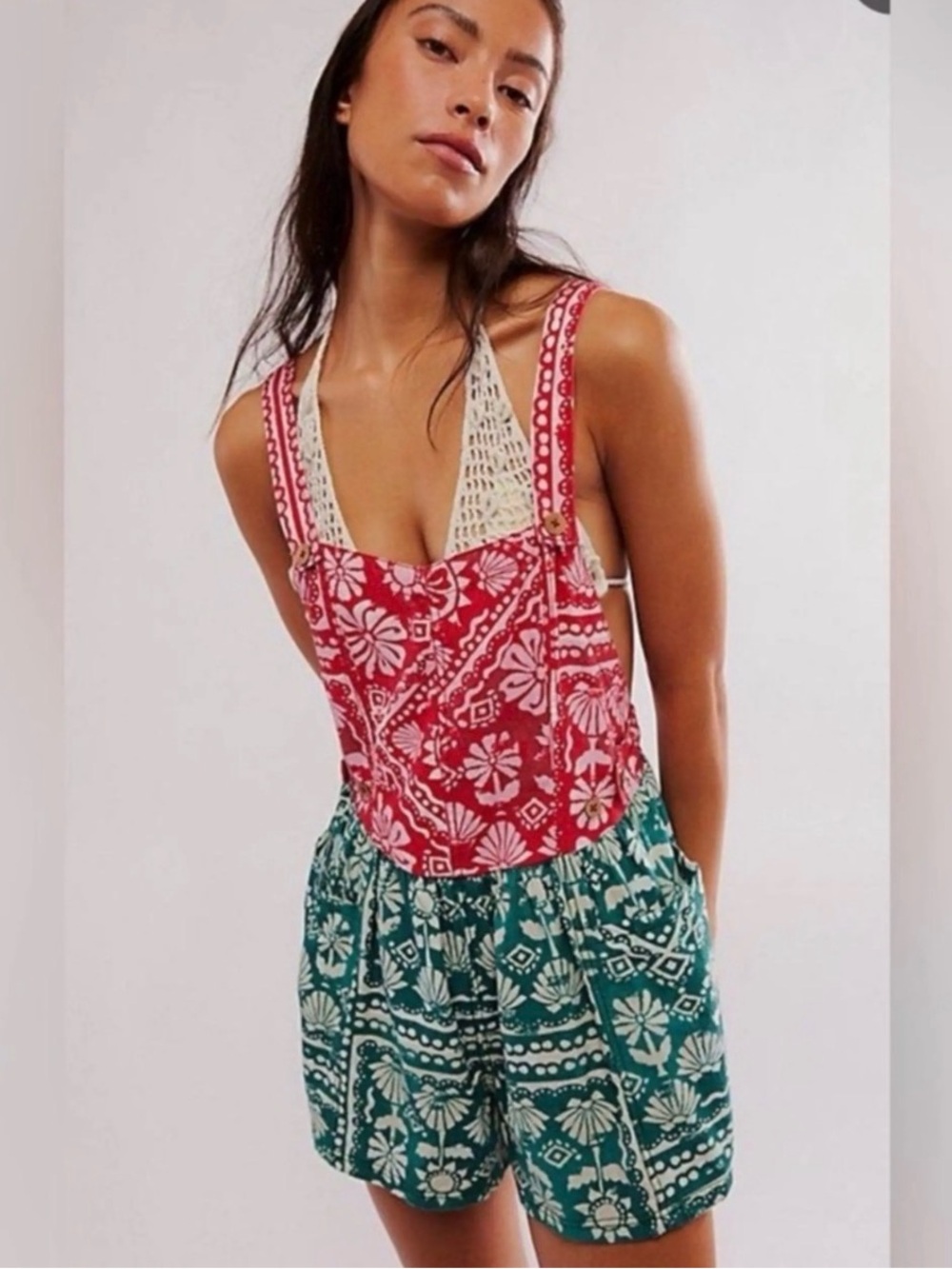 Free People Red Green Floral Cross Back Romper Size Small